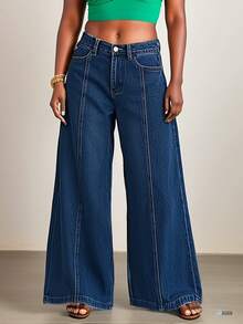 Retro Design With A Mid High Waist And Drooping Feeling, Slimming And Wide Leg Pants For Women - 藍色 - 查看 5