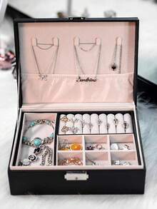 双层珠宝收纳盒，大容量可上锁珠宝盒，PU皮革珠宝收纳盒，适用于项链、耳环、戒指、手表。节日礼物。 - 彩色 - 查看 8