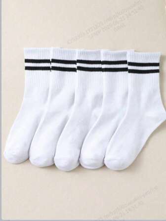 6 أزواج من الجوارب الرياضية الطويلة بأنماط خطوط سوداء وبيضاء للأطفال/الطلبة, للربيع/الصيف