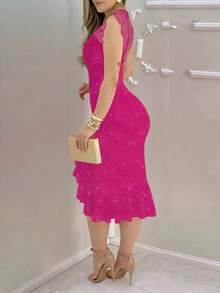 Sleeveless Lace Patchwork Sexy Solid Color High Slit Elegant Ruffle Hem Glitter Metallic Foil Party Dress For Women, Suitable For Spring/Summer, Fall, Weddings, Concerts, Homecoming, Christmas, Birthdays, Clubs - Hot Pink - View 4