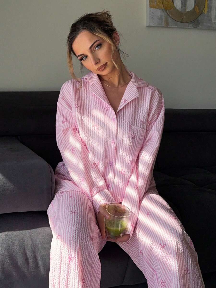 Jeta Ari New Red & White Striped Printed Shirt & Pants Home & Casual 2pcs Outfit - Pink - View 1