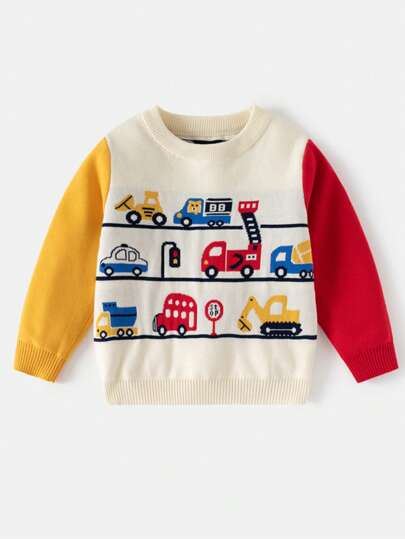 Young Boy Cartoon Car Jacquard Knit Pullover Sweater, New Autumn/Winter Design