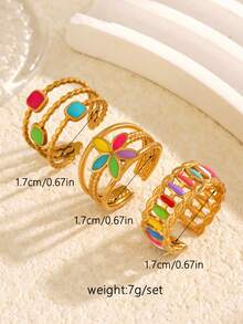 3pcs/Set Stainless Steel Minimalist Colorful Enamel Geometric Flower Open Ring Set, Suitable For Women Daily & Festival Wear - Colorful - View 3