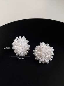 1 Pair Simple Vintage Faux-Pearl Firework Design Earrings, Elegant Luxurious Pearl Stud Earrings With Unique Design, Suitable For Women To Wear For Weddings, Banquets, Daily, Festivals - White - View 7