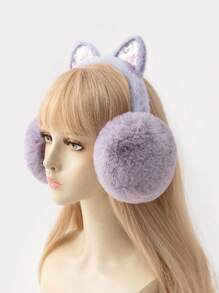 1 件女士时尚猫耳星亮片毛绒耳套适合冬季服装