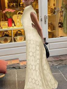 波西米亚风钩编浪漫沙滩长裙，针织提花露背A字裙，适合夏季海滩度假，优雅迷人，也适合婚礼季。#派对造型 #海滨风情 #约会装扮 #音乐节 #婚礼季 #度假 - 杏色 - 查看 7