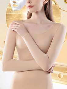 Women's Seamless Lace Thermal Underwear, Thin Long Sleeve Tops, Solid Color Warm Innerwear, Crew Neck, Skin-Tight, High Elasticity, Beige, Casual Lightweight Warm Base Layer For Autumn/Winter - Beige - View 4