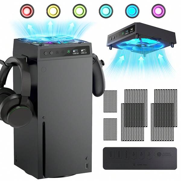 Ventilador de enfriamiento a prueba de polvo compatible con la consola Series X, con tira de luz de color, ventilador superior de bajo ruido con 3 velocidades, interruptor táctil independiente para enfriador y luz, 2 puertos USB