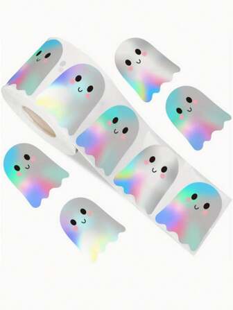 500pcs Halloween Ghost Decorative Sticker Roll - Cute Boo Holographic Waterproof Self-Adhesive Paper, Suitable For Envelopes, Diaries And Holiday Party Decor. Colorful Light Color Design, With A Happy Face, Halloween Decor, Gift Packaging Bag Decor