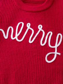 Girls' Cute Solid Color Letter Embroidery Knit Pullover Sweater, Suitable For Daily, Vacation, Spring, Autumn, Winter