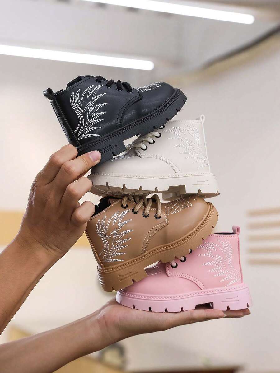 1 Pair Girls Embroidered Lace-Up Casual Ankle Boots, Suitable For Autumn/Winter