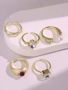 4pcs/Set Fashionable Versatile Sparkling Luxurious Pearl & Rhinestone Ring Set, Elegant Jewelry For Women, Suitable For Daily, Work, Holidays - Multicolor - View 6