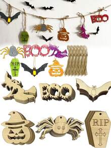 36 piezas de adornos de madera sin terminar con diseños de Halloween para colgar, manualidades de Halloween, decoraciones de Halloween para interiores, suministros para fiestas de Halloween (cepillo no incluido) - Multicolor - Ver 2