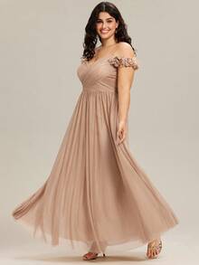 EVERPRETTY 大码女士优雅露肩碎花礼服，香槟色伴娘礼服，适合春夏婚礼、派对、宴会 - 杏色 - 查看 5