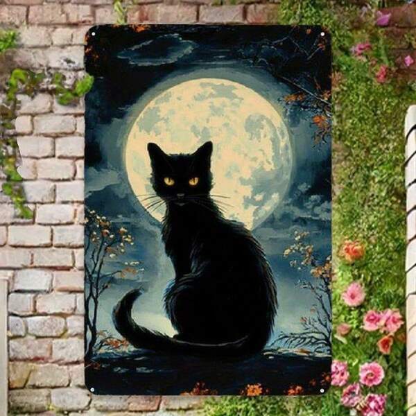 Decoración de pared metálica plana 2D espeluznante de gato negro retro, decoración de Halloween fácil de colgar con escena de luna llena de otoño, perfecta para el hogar, la oficina, el ambiente festivo de la cafetería, decoraciones de hogar de halloween