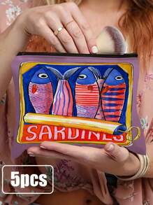 Retro Sardines Cosmetic Pouch,Olive Oil And Lemon Design, Unisex Adult Polyester Mini Makeup Bag, Hypoallergenic Zippered Toiletry Case, Pink Zippered Cosmetic Bag, Multifunctional Snack, Stationery Or Gift, Tin Fish Print Accessory Clutch, Cosmetic Pouch For Girls Women, Makeup Bag, Toiletry Bag For Travel, School, And Commuting,Unisex Adult Portable Storage Bag