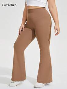 Catch Halo 4-Way Stretch Plus Size Flared Workout Leggings - Tummy Control High Waist & Booty Lifting Yoga Pants For Curvy Women | Breathable Quick-Dry Fabric For Workout, Gym, Yoga, Pilate (Khaki, 0XL~4XL)