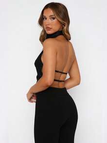 Women's Halter Neck Satin Tank Tops Mock Neck Sleeveless Backless Shirts Solid Color Slim Fit Crop Tops Summer High Neck Vest Camisoles Holiday Beachwear Party Clubwear - 黑色 - 查看 7