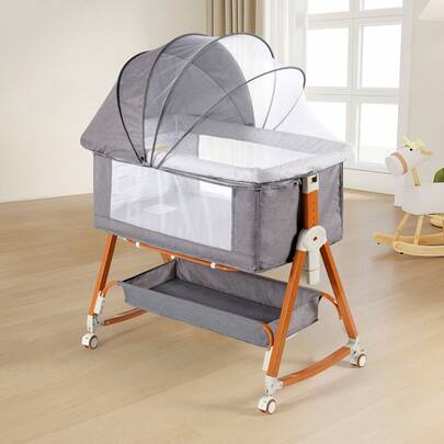 Cuna de bebé, cuna lateral 3 en 1 con ruedas y cesta de almacenamiento, mosquitera, 6 alturas ajustables, plegable fácil, cama portátil para bebé recién nacido, regalo