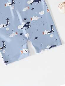 Baby BoyOne-Piece Swimsuit, Quick-Dry Cartoon Animal Print Swimwear, Cute Infant Beachwear - Dusty Blue - View 5