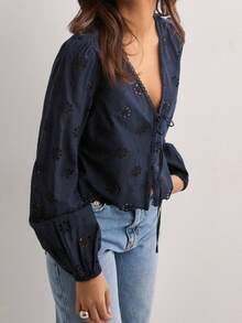 Women Long Sleeve Crop Shirt Solid Color Eyelet V-Neck Tie Front Button Down Tops Streetwear For Casual Daily - Navy Blue - View 4