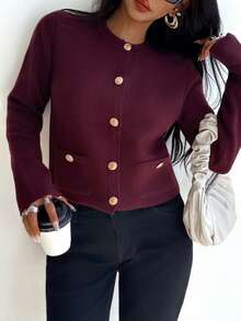 DEEKA Spring & Autumn New Casual Fashion Minimalist Gold Button Knitted Cardigan Sweater - Burgundy - View 1