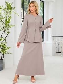 Women Elegant Asymmetric Ruffled Top And A-Line Skirt Suit