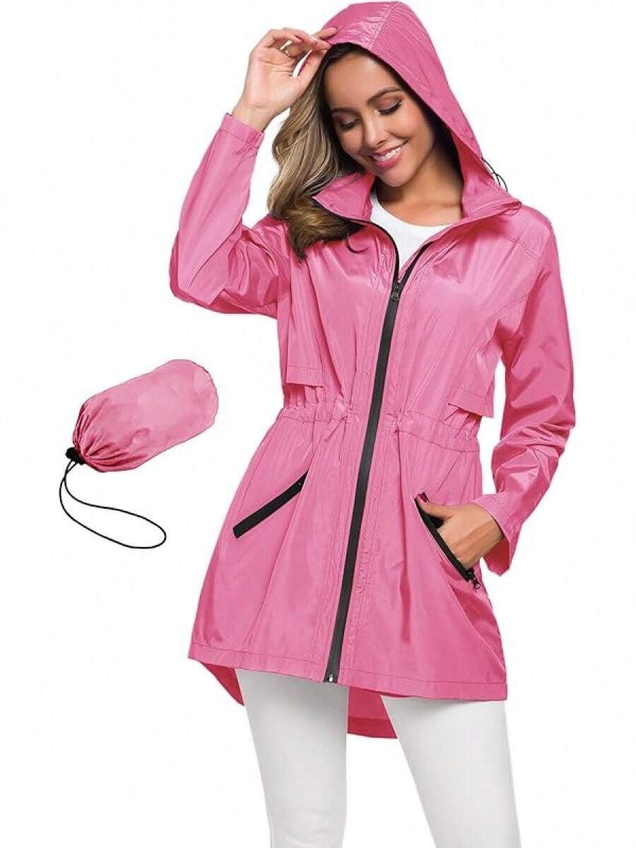 Women's Long Raincoat With Hood Outdoor Lightweight Windbreaker Waterproof - 路 - 查看 1