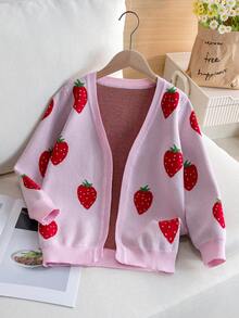 女童可爱草莓图案开衫毛衣，解扣中长款针织外套，适合日常、度假、春季、秋季、冬季 - 粉色 - 查看 2