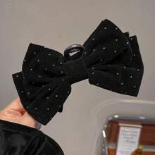 发夹 1 件女士天鹅绒水钻超大双层蝴蝶结发夹，优雅甜美时尚，适合学校、派对、婚礼、日常佩戴发饰优雅爪夹，蝴蝶结配饰，学校用品，学院秋季配饰 - 黑色 - 查看 2