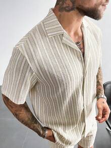 Áo sơ mi nam tay ngắn in sọc cài nút phía trước thời trang mùa hè - Màu Khaki - Xem 7