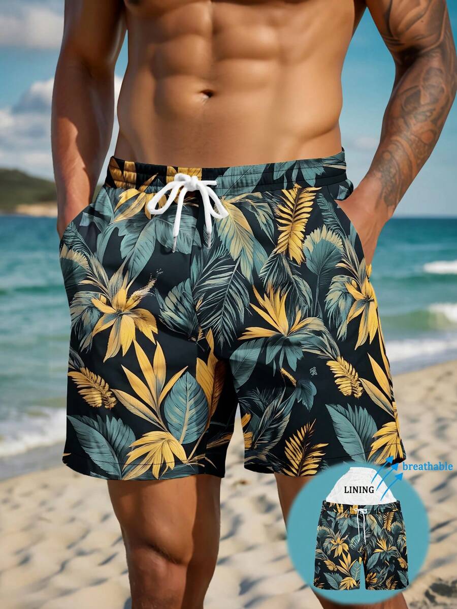 Men's Summer Printed Pattern Drawstring Waist Slant Pocket Hawaiian Quick-Dry Double-Layer Mesh Lining Shorts, Tropical Flower 3D Print Fashionable Casual Beach Vacation Bermuda Shorts, Swim Trunks - Multicolor - View 1