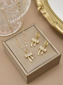 1 件时尚全水钻方晶锆石蝴蝶不锈钢女士项链，1 对时尚全水钻方晶锆石蝴蝶不锈钢女士耳环 - 金黃色 - 查看 2