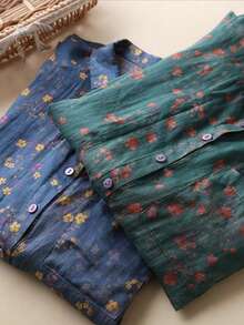 Damen Große Größen Kleinteiliges Blumen Muster Kurzarm Leinenbluse mit Mandarinskragen Künstlerisches Top für Petite, Sommer Leinen Damen Rock, Altes Geld, Boho Rock - Blau - Übersicht 4