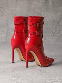 Herbst/Winter sexy Mode Spitzenschuh Seitlicher Reißverschluss Damen Stiefel, 12cm feiner Absatz, Lederriemen & Ösen Akzente, Lässig & vielseitig, rote Farbe, Party Outfits - Rot - Übersicht 8