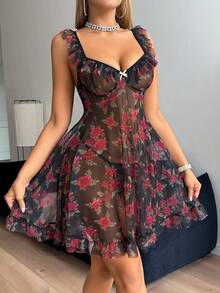 2 件套全新网眼花卉印花性感内衣套装，细肩带娃娃裙和内裤 - 黑色 - 查看 4