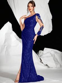 时尚亮片单肩长袖晚礼服刺绣网纱拼接长款连衣裙，优雅 - 寶藍色 - 查看 6