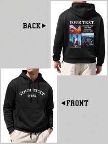 Customized Photo & Text Men's Hoodie Sweatshirt, Personalize With Your Own Image, Landscape/Cartoon/Lover/Family, Text/Name/Blessing/Holiday/Anniversary, Customized Text, Birthday/Valentine's Day/Father's Day/Party/Birthday Gift, Halloween/Back To School/Christmas Holiday, Autumn/Winter Clothing, Gift For Him Black Tops, Men's Fleece Hoodie, Autumn/Winter Fleece Casual Pullover Hoodie, Men's Black Jacket, Best Friend Gift