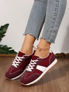 Damen Samt Patchwork Schnürsenkel Vorderseite Dicksohlige Lässig Sneaker, Neue leichte Dicksohlige Agam Schuhe, Outdoor Sport Stil Studentenschuhe für Frühling/Herbst - Bordeaux - Übersicht 4