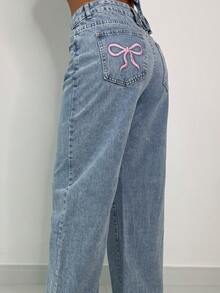 Manon Tanti Women Embroidered Bowknot Washed Denim Jeans - Light Wash - View 6