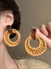 1 Pair Vintage Bamboo & Rattan Earrings, High-End Fashion Stud Earrings, Unique Beach-Style Jewelry
