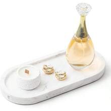 WORHE Natural Marble Vanity Tray Italy Oval Stone Trays For Candles Perfume, Decorative  Dish For Small Items, Countertop Storage Organizer For Home Bathroom Kitchen Matte Surface White (BH101) - White - View 11