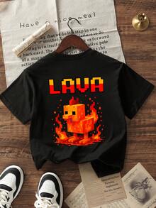 青少年男童学生休闲印花圆领短袖T恤，夏季上衣 - 黑色 - 查看 3