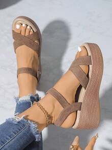 Giày sandal đế xuồng kiểu đan chéo thời trang, đế dày, gót đế xuồng, nhẹ, gót cao gợi cảm, cỡ lớn, thoải mái, thích hợp cho kỳ nghỉ, đi biển, hở mũi, gót siêu cao, sandal đế dày, giày cho mẹ, sandal thường ngày cho mùa hè - Màu Khaki - Xem 5