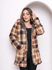 Double-Sided Plush Teddy Coat In Plaid Print With Pocket And Hood - Gris - Ver 1