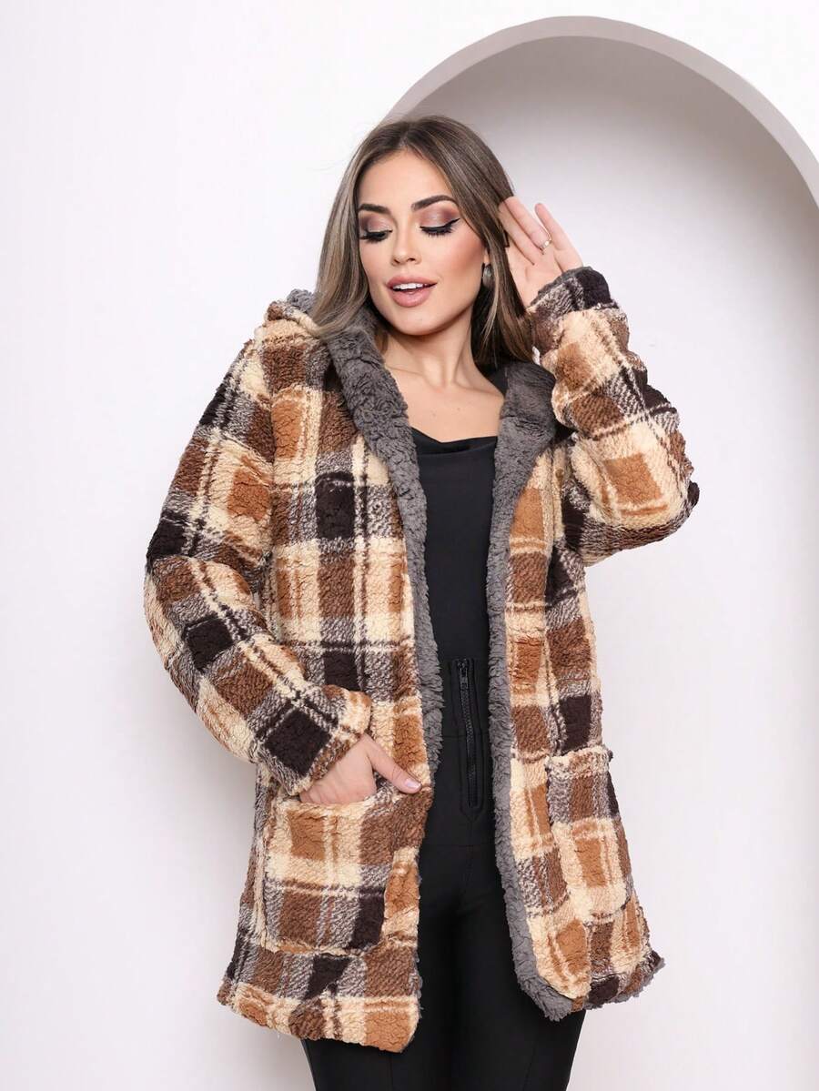 Double-Sided Plush Teddy Coat In Plaid Print With Pocket And Hood - Gris - Ver 1