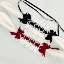 1pc Lolita Rabbit Ear Headband With Bow, Plush Rabbit Ears With Lace Bow, Suitable For Party Costumes, As Gift For Friend's Birthday, Back To School, Thanksgiving Halloween