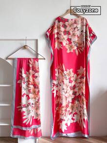 1pc Floral Print Chiffon Robe Set, Women Summer Beach Cover Up With Scarf, Sun Protection - Hot Pink - View 2