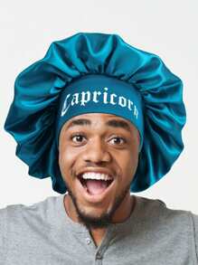 1pc Men Satin Sleep Bonnet - Soft Hair Protection Cap With Wide Band For Nighttime & Daily Use, Black With White Print, Hair Bonnet For Sleeping