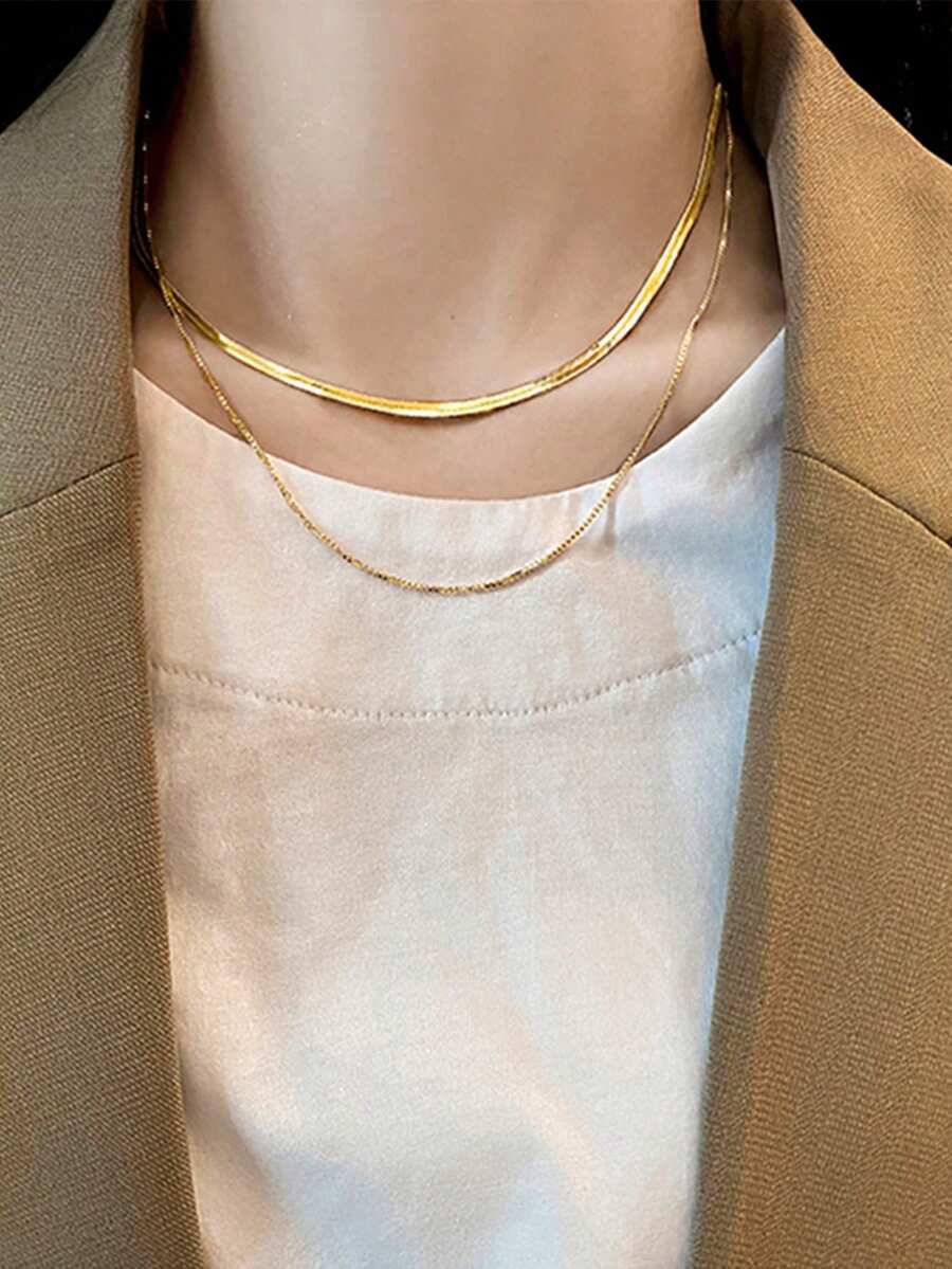 Nooxian 2pcs Stainless Steel Minimalist Casual Gold-Color Chain Necklace For Women - Yellow Gold - View 1